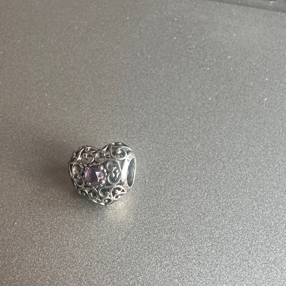 Pandora Silver Heart Charm with Purple Gem